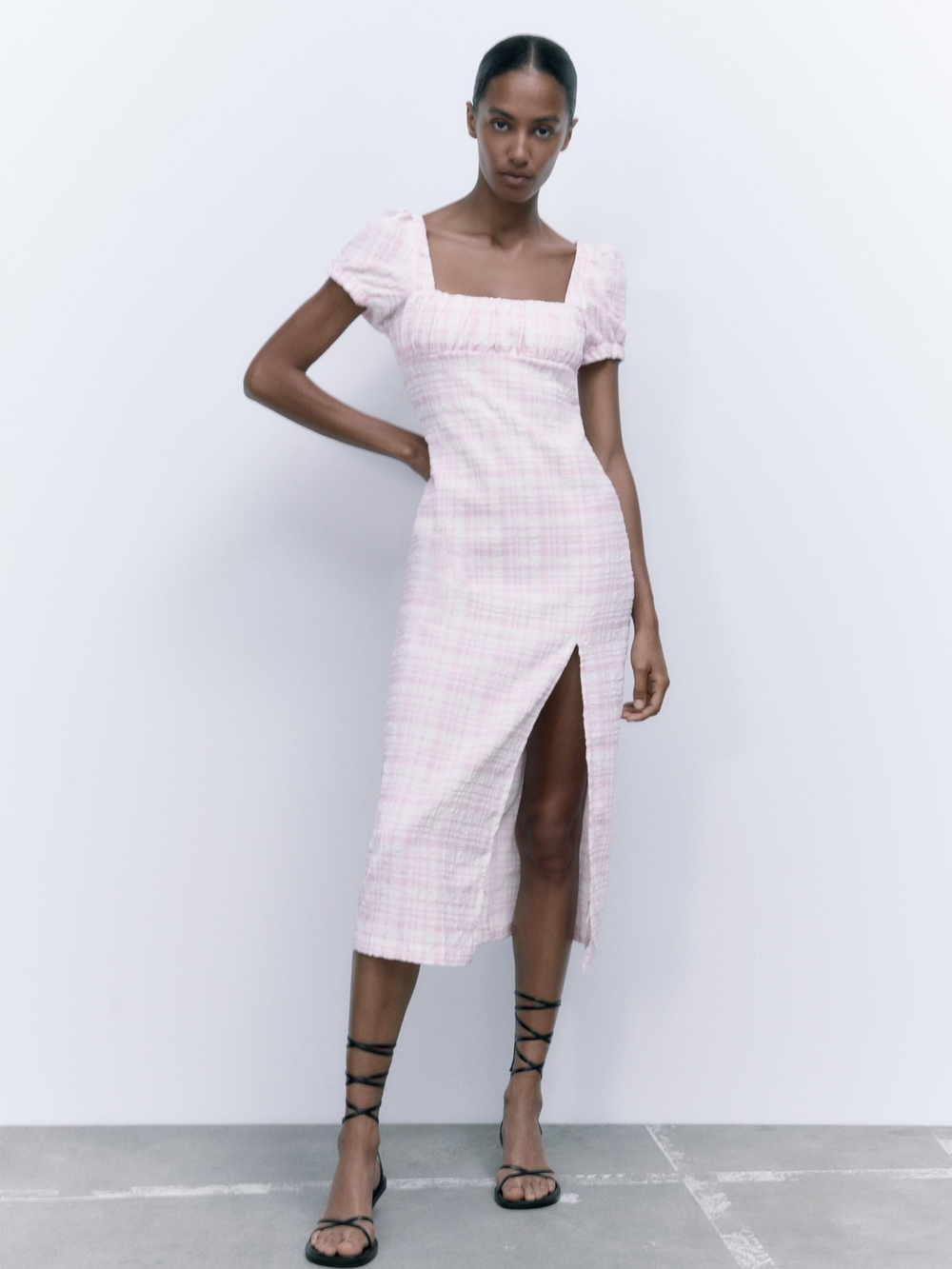 Zara Pink Plaid Square-Neck Midi Dress with Side Slit Wonen's Size M